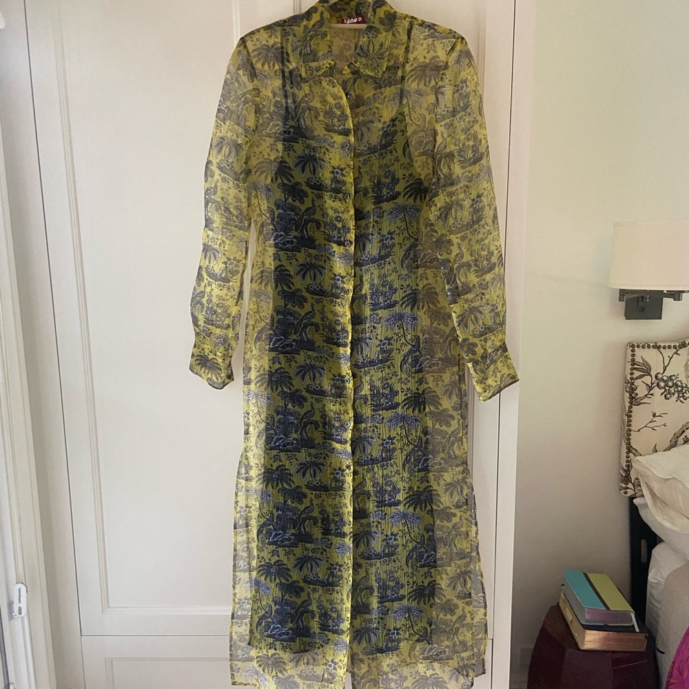 STAUD yellow, blue gauze button down dress with slip.